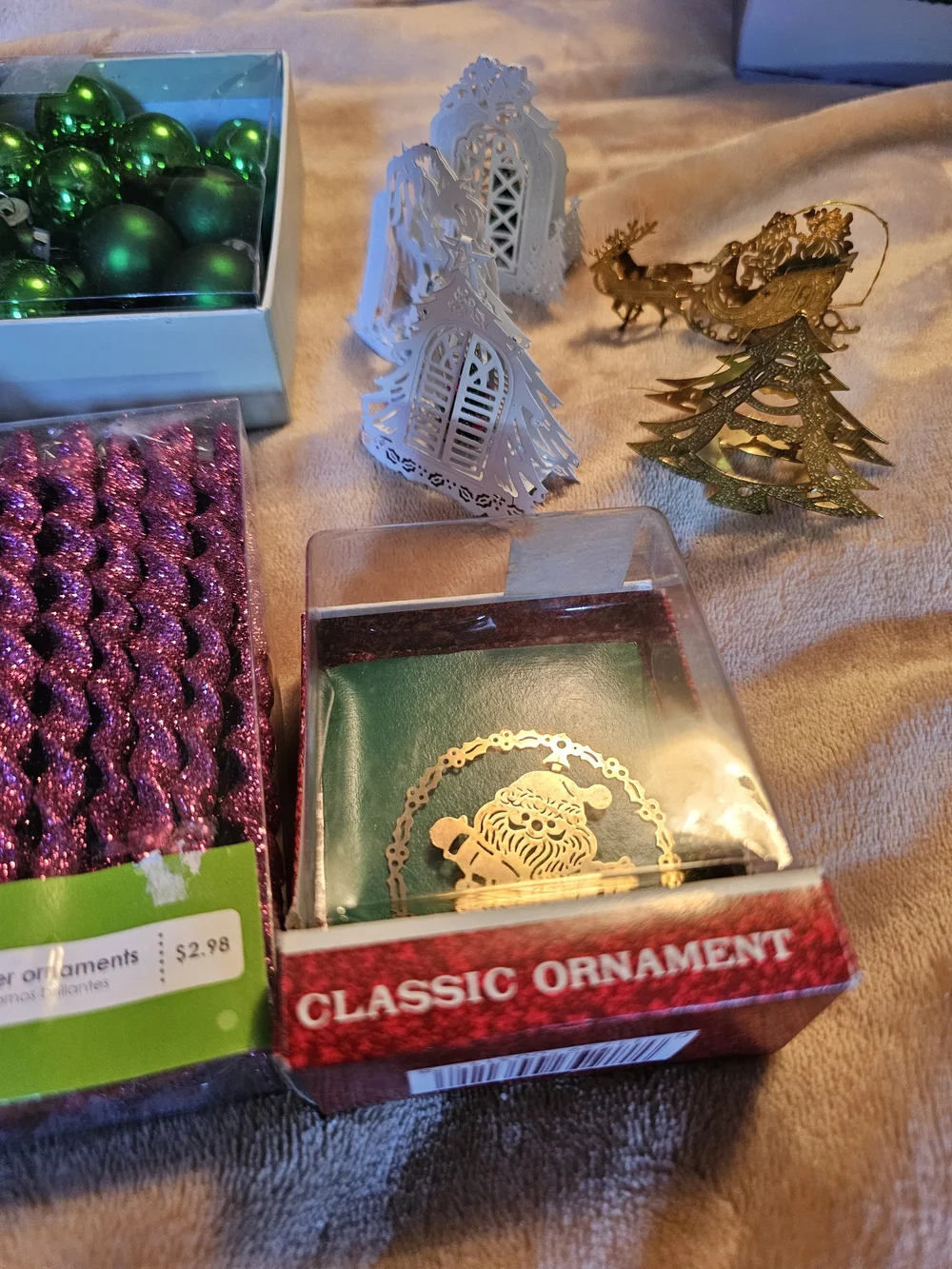 Holiday Santa Figurine and Assorted Green & Pink Ornaments